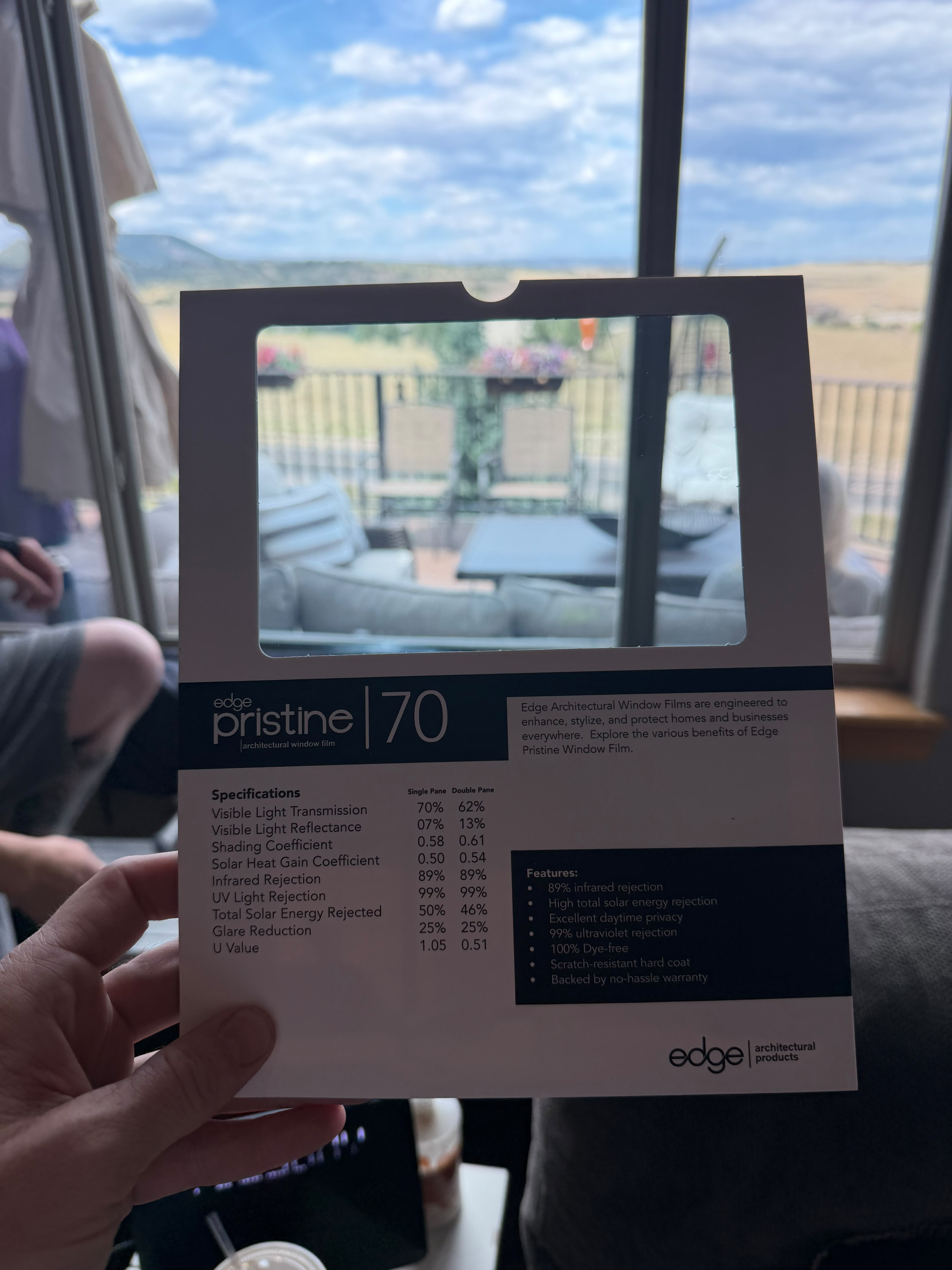 An Edge Pristine film sample shown during an in-home consultation
